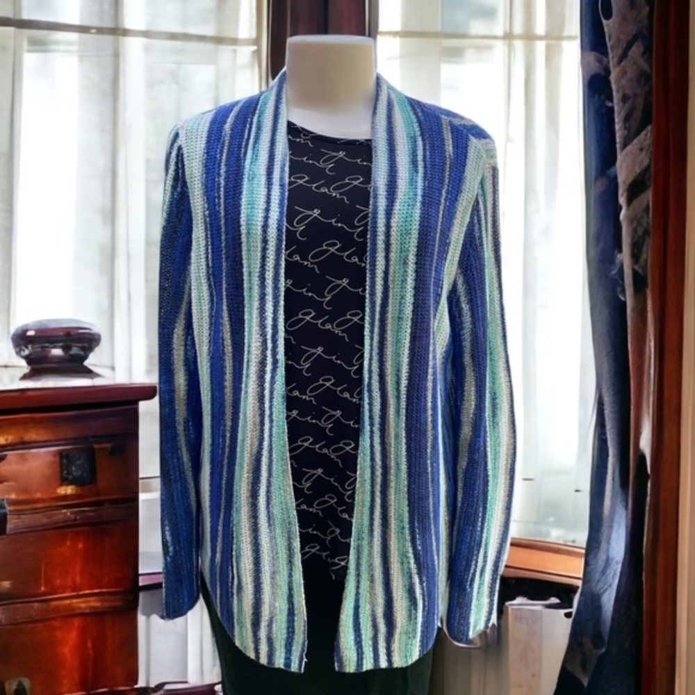 Chico's Linen Blend Open Front Cardigan Blue Green Stripe Size 1